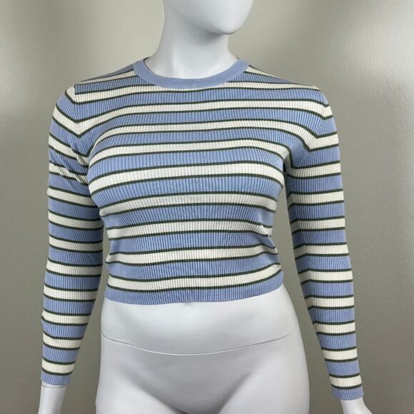 Zara Womens Size XL Blue Ribbed Striped Cropped Pullover NEW Crewneck Sweatshirt - Picture 12 of 16